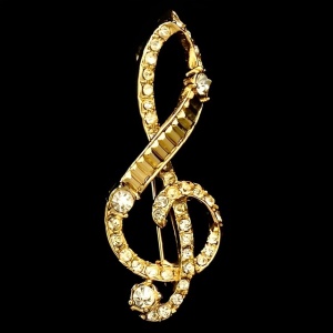 Gold Plated Treble Clef Brooch with Clear Crystals circa 1980s